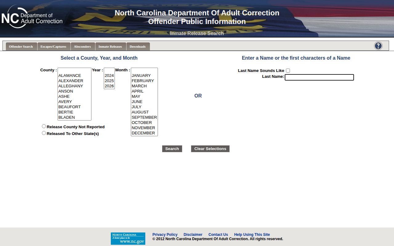 North Carolina historical inmate release search with county and date filters