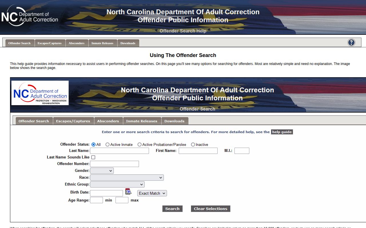 North Carolina DAC offender search help for Yadkin County release date fields