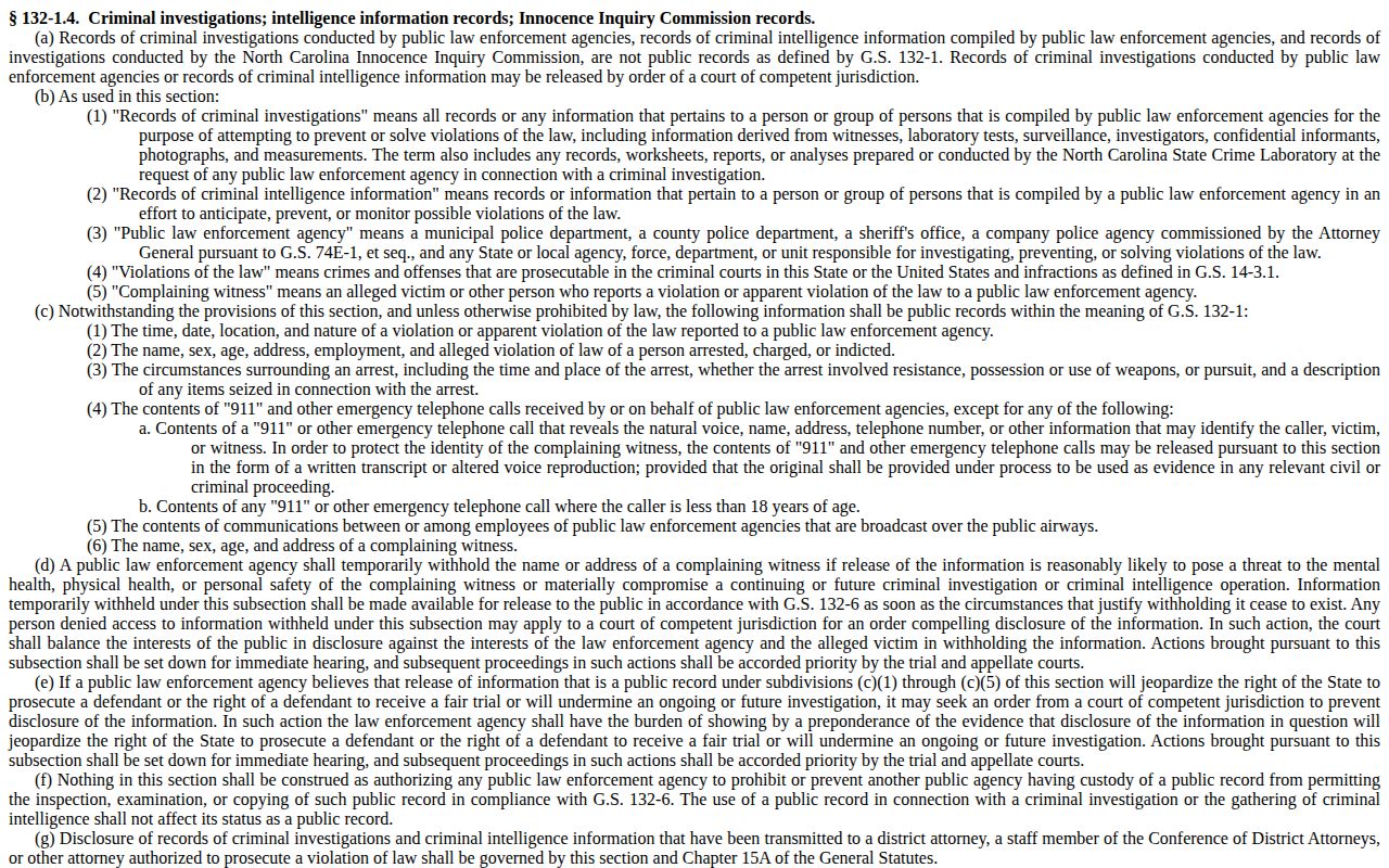 North Carolina criminal-record disclosure law relevant to Yadkin County booking photographs